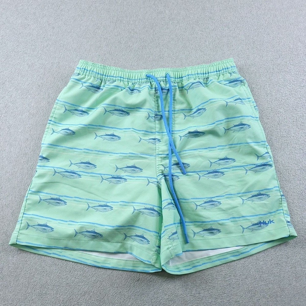 Huk Swim Shorts Mens Medium Green Pursuit Tuna Volley Fish Print Mesh Lined